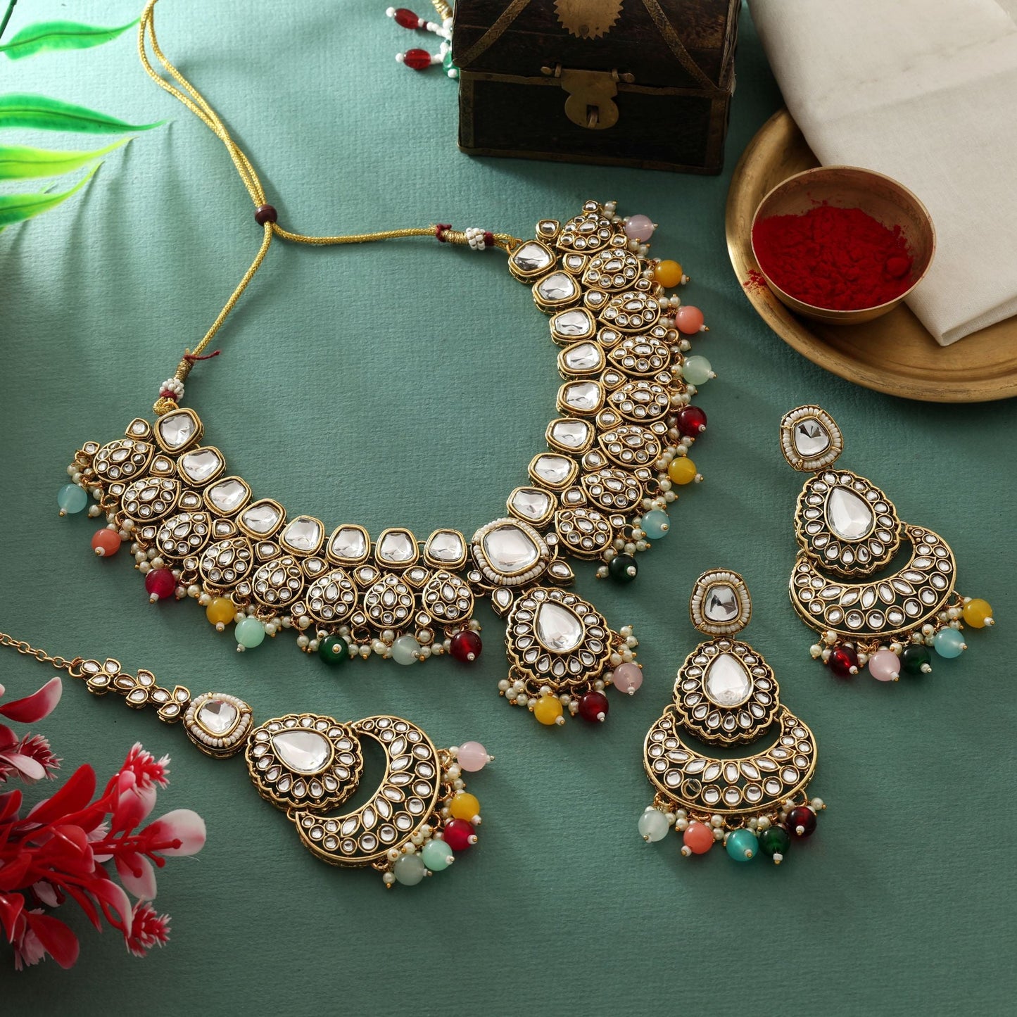 Multi Color Kundan Necklace Set With Designer Stones For Ethnic Party Outfits