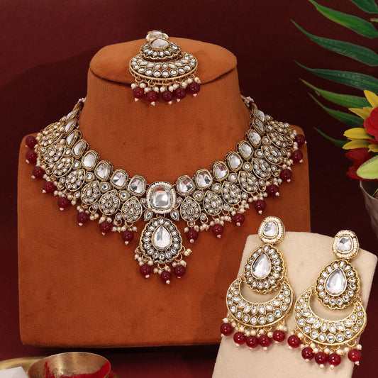 Classic Maroon Color Kundan Necklace Set With Elegant Craftsmanship For Brides