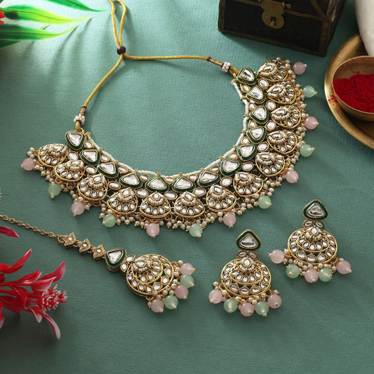 Dual Shade Pink & Pista Green Color Kundan Necklace Set For Trendy Looks