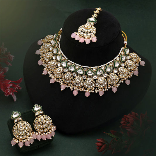 Elegant Pink Color Kundan Necklace Set With Fine Detailing For Party Occasions