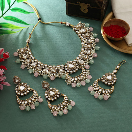 Trendy Pink & Pista Green Color Kundan Necklace Set With Dual Tone Stones