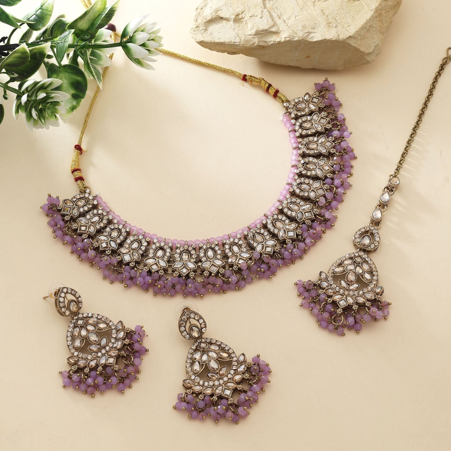 Beautiful Light Purple Color Kundan Necklace Set With Beads And Gold Finish