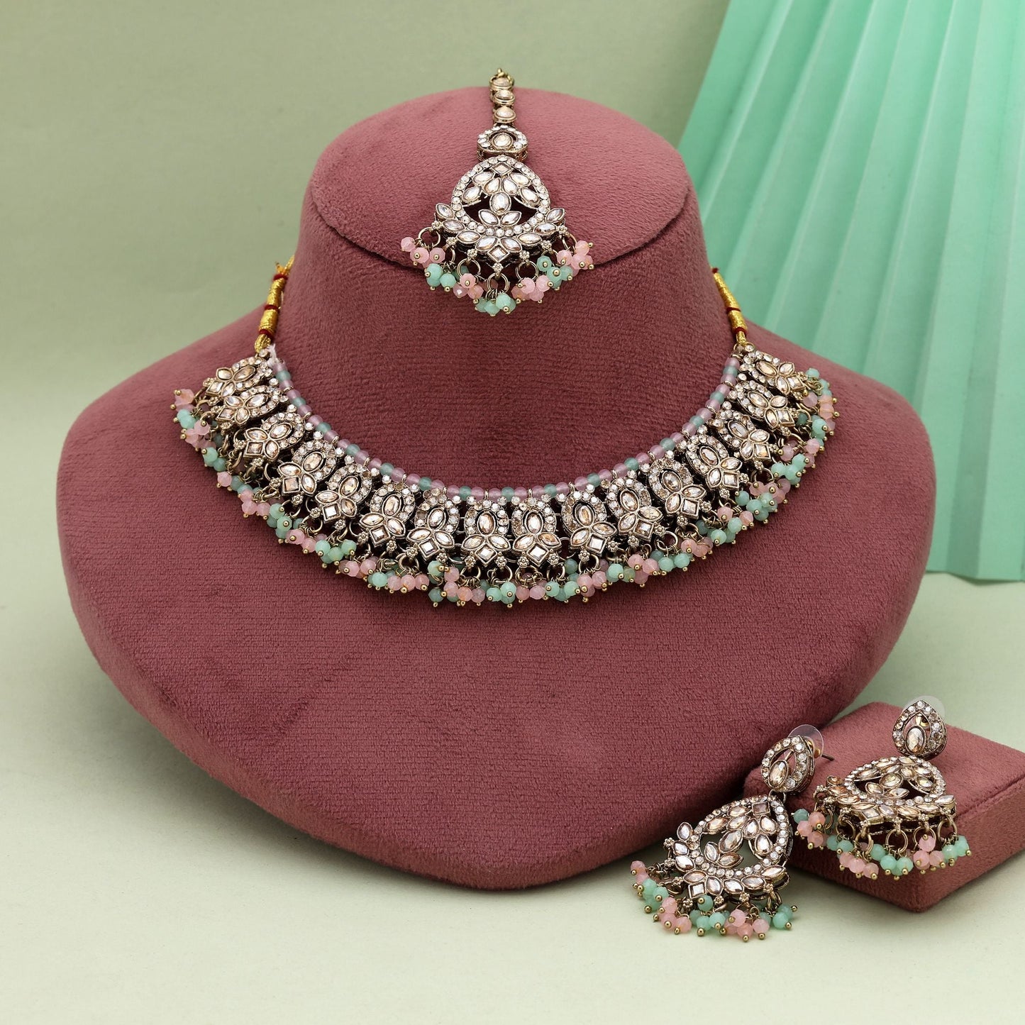 Dual Tone Pista Green & Pink Color Kundan Necklace Set For Festive Celebrations