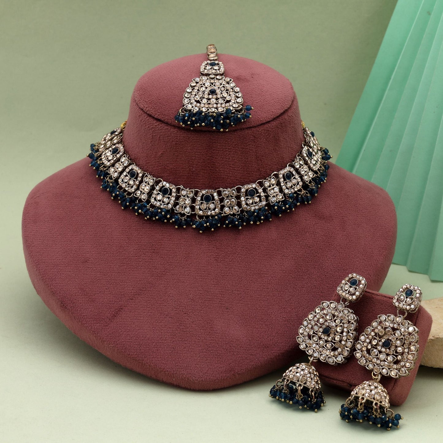 Premium Navy Blue Color Kundan Necklace Set With Unique Stone Detailing For Events