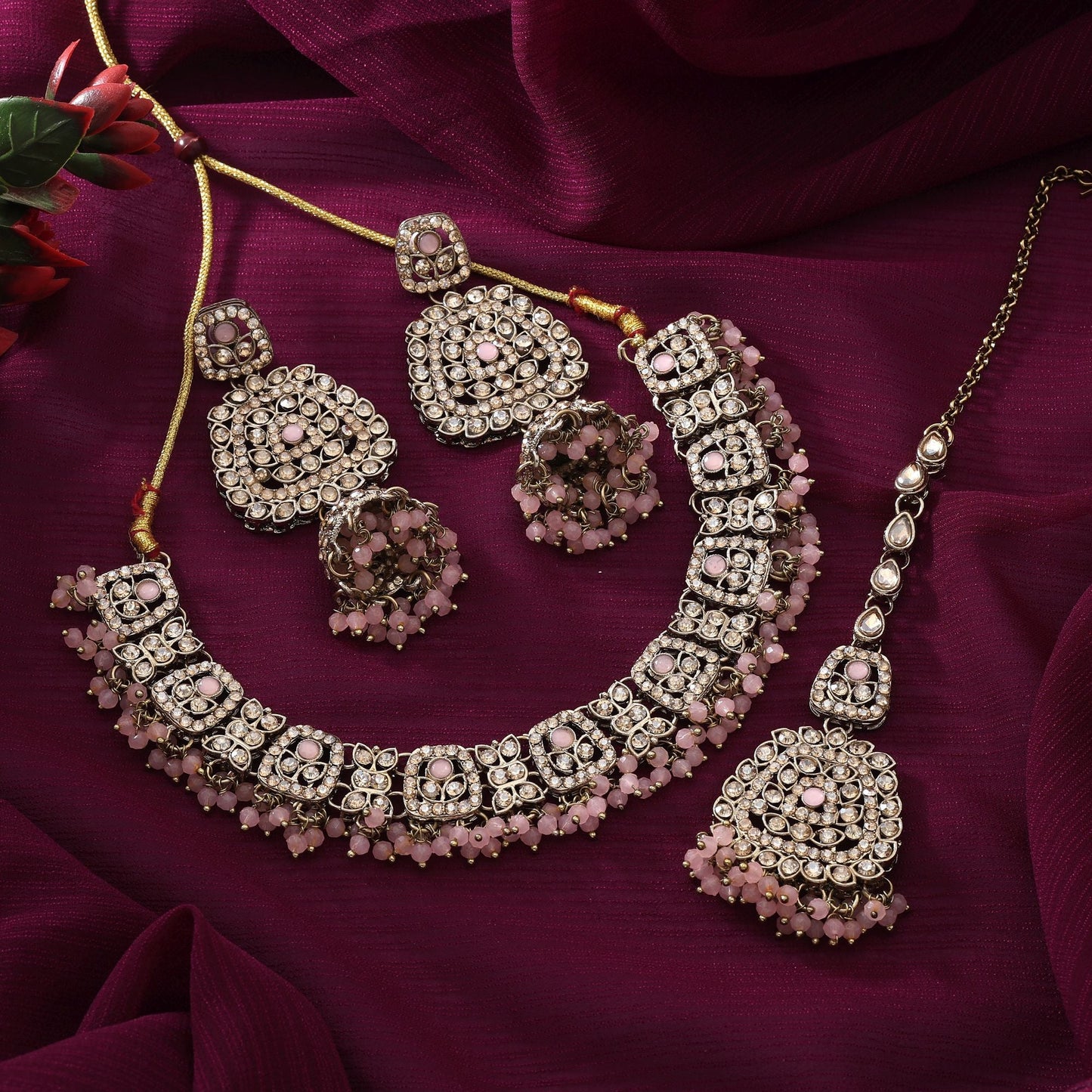 Gorgeous Pink Color Kundan Necklace Set With Beautiful Crystal Work For Brides