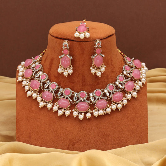 Beautiful Pink Color Kundan Necklace Set With Polki Work For Women