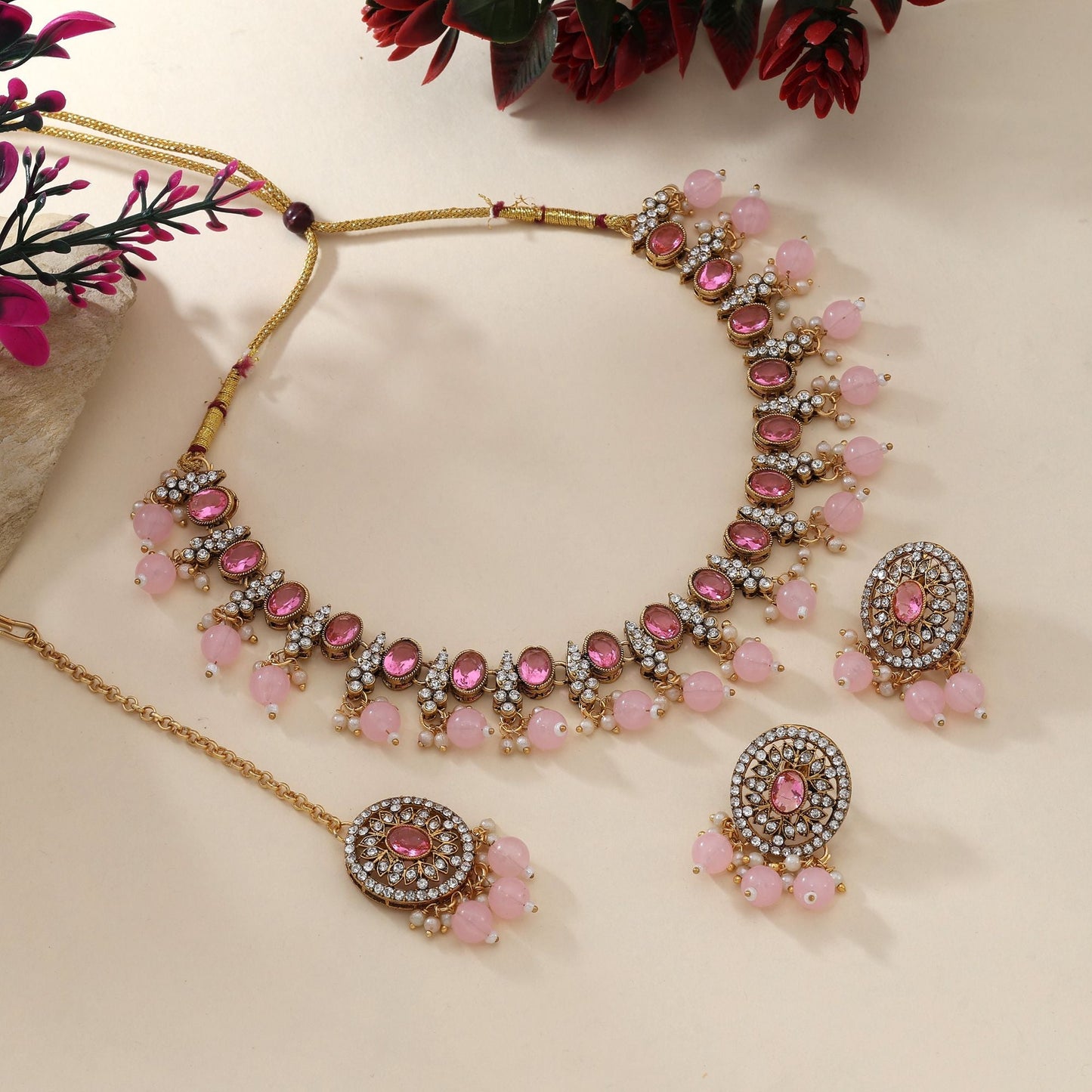 Pretty Pink Color Kundan Necklace Set Perfect For Traditional Party Wear