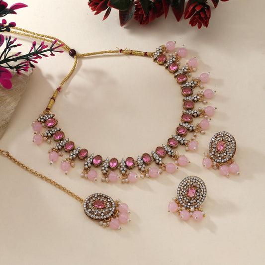 Pretty Pink Color Kundan Necklace Set Perfect For Traditional Party Wear