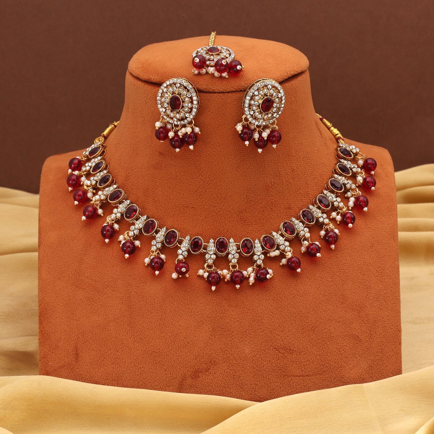 Bright Red Color Kundan Necklace Set For Weddings And Cultural Events