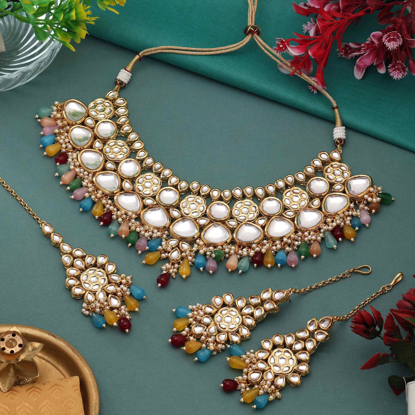 Multi Color Premium Bridal Look Back Side Meena Work Kundan Necklace Set For Special Celebrations