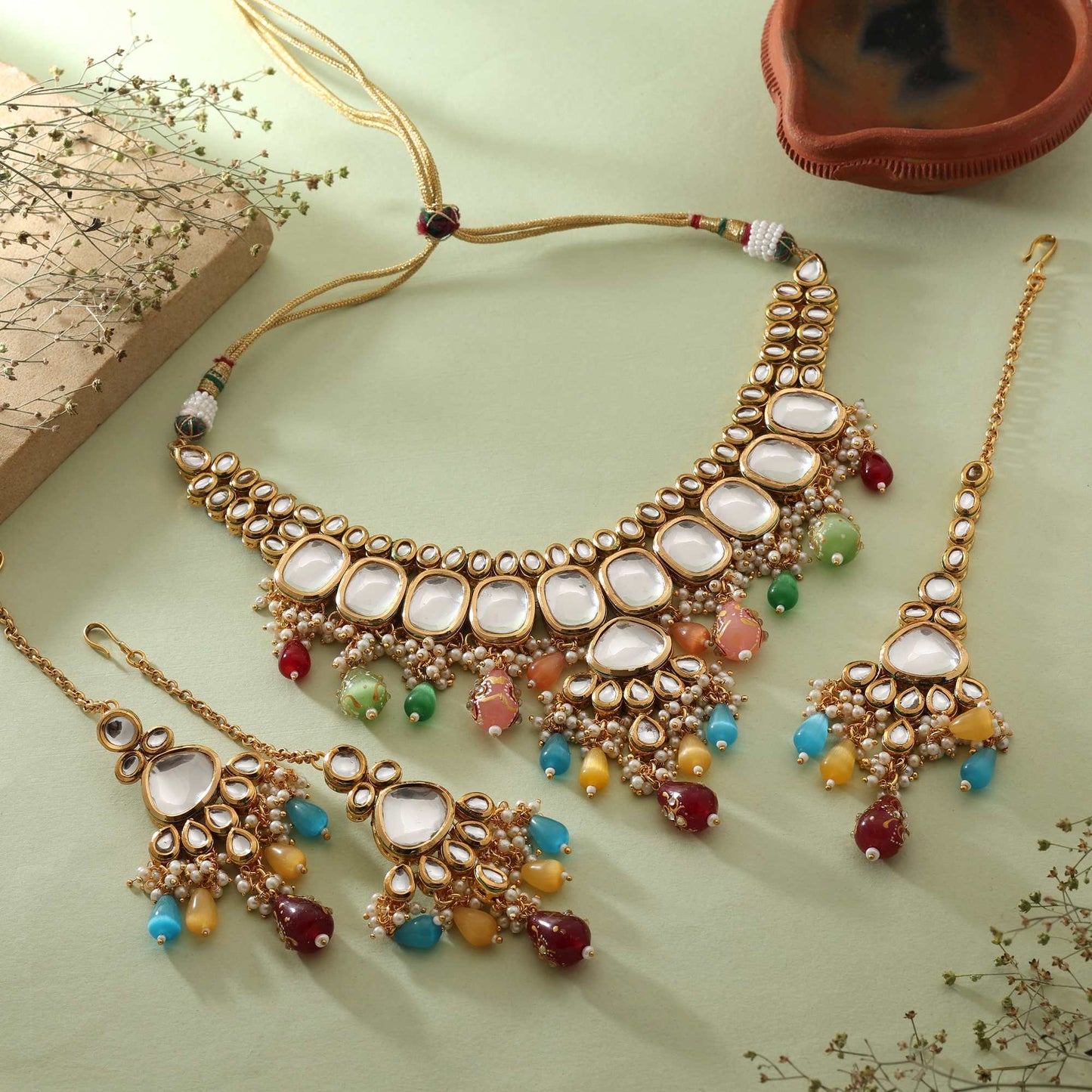 Multi Color Radiant Festival Wear Back Side Meena Work Kundan Necklace Set For Traditional Attire