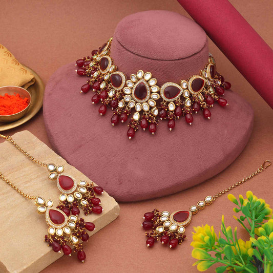 Maroon Color Antique Finish Gold Tone Kundan Necklace Set For Wedding Collection