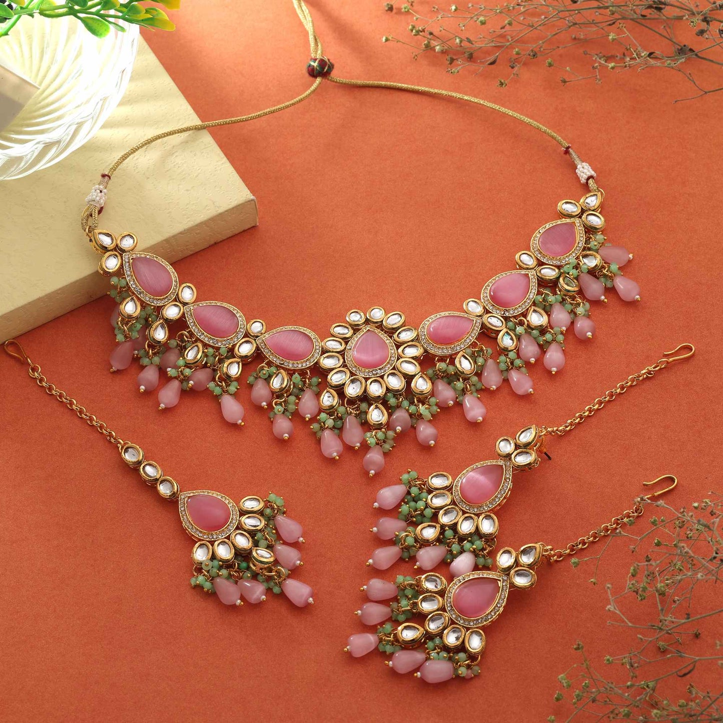 Pink Color Ethnic Bridal Inspired Designer Kundan Necklace Set For Women’S Festive Look