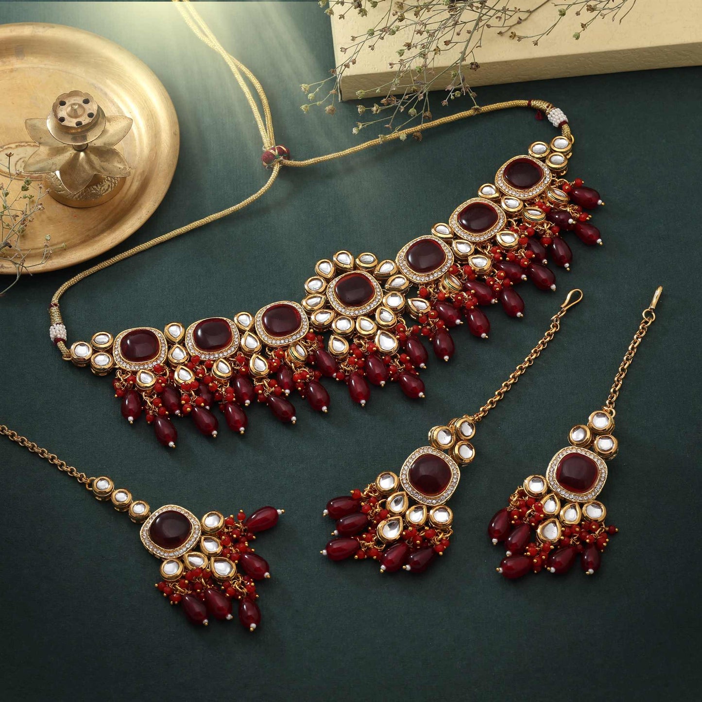 Maroon Color Choker Style Traditional Back Side Meena Work Kundan Necklace Set For Festive Events
