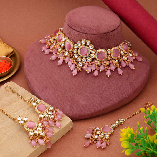 Pink Color Choker Style Bridal Back Side Meena Work Kundan Necklace Set For Elegant Look
