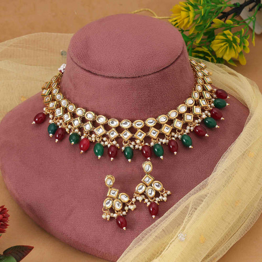 Maroon & Green Color Bridal Heavy Work Ethnic Kundan Necklace Set For Elegant Attire