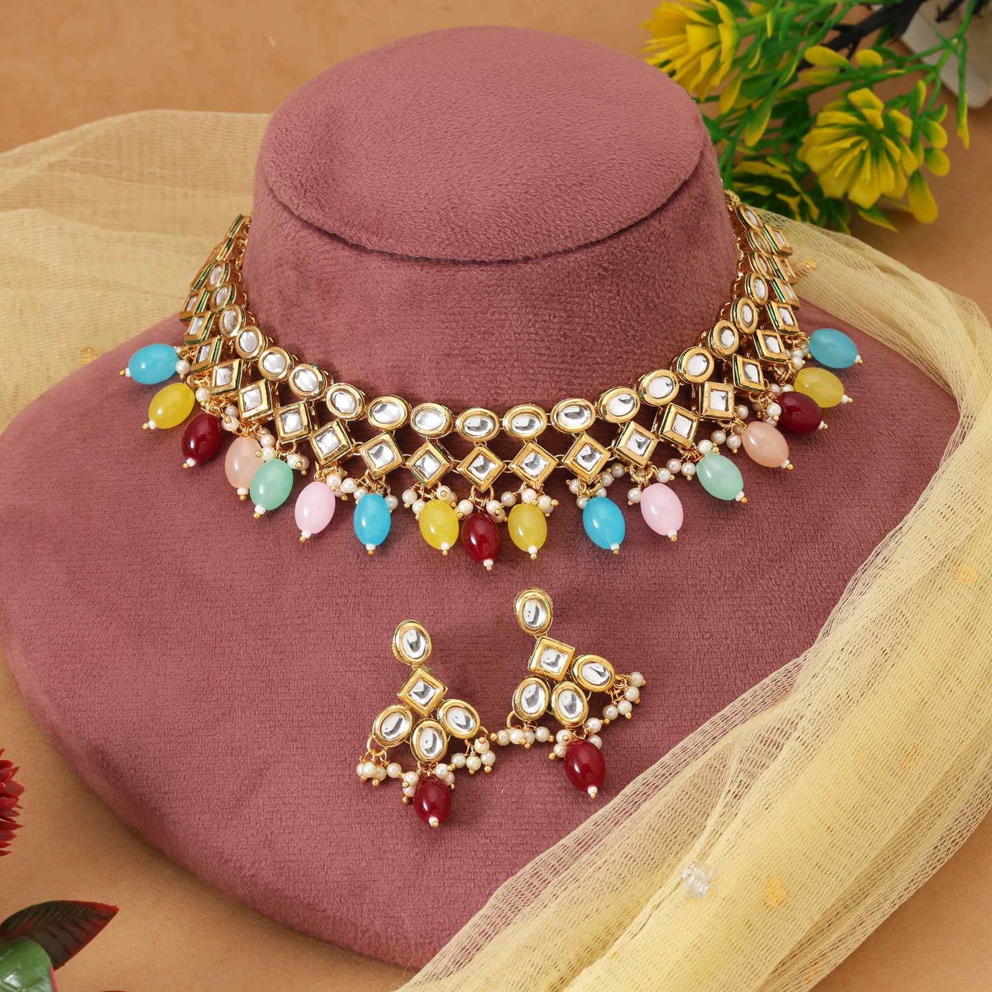 Multi Color Designer Handcrafted Bridal Style Kundan Necklace Set For Weddings And Functions