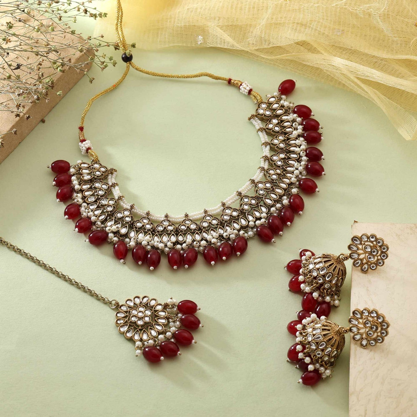 Maroon Color Handcrafted Designer Ethnic Look Kundan Necklace Set For Festive Celebrations