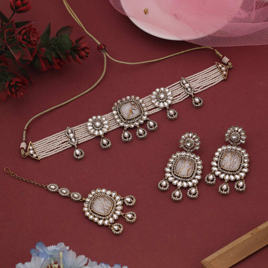 Classic White Color Choker Kundan Necklace Set Ideal For Elegant Ceremonial Moments