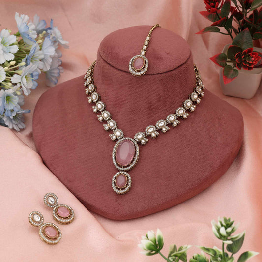 Delicate Light Pink Color Kundan Necklace Set Ideal For Soft And Charming Wedding Looks