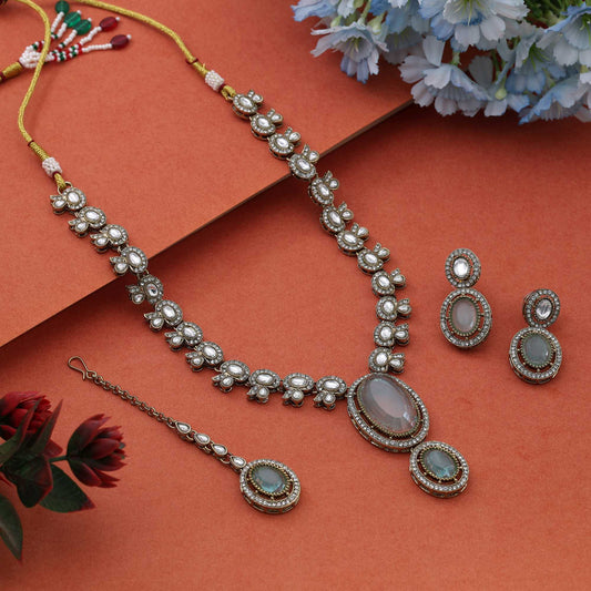 Cool Sky Blue Color Kundan Necklace Set Bringing Serene Elegance To Festive Dressing