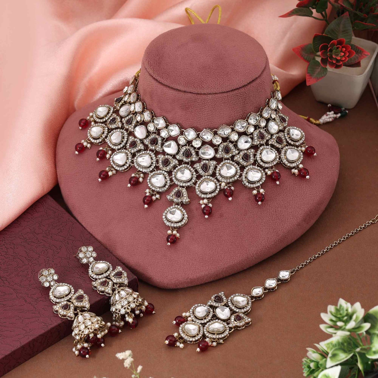 Elegant Maroon Color Kundan Necklace Set Crafted For Premium Traditional Fashion Lovers