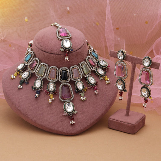 Multi Color Kundan Necklace Set Inspired By Vibrant Indian Jewellery Art