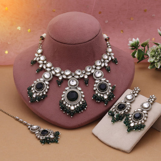 Green Color Kundan Necklace Set With Premium Stones And Traditional Design