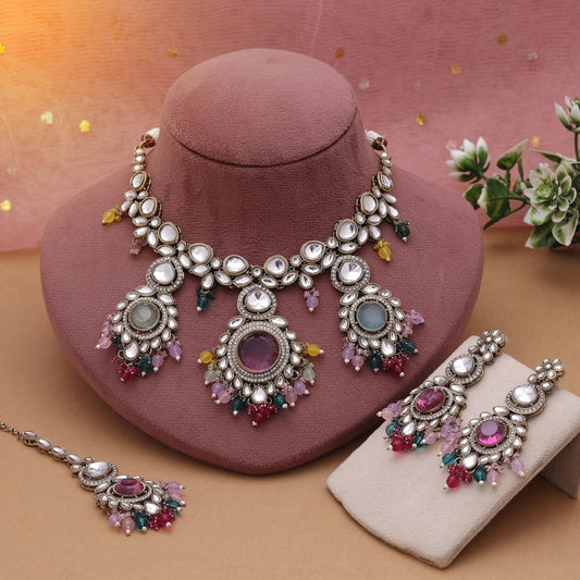 Multi Color Kundan Necklace Set Designed For Vibrant Festive Occasions