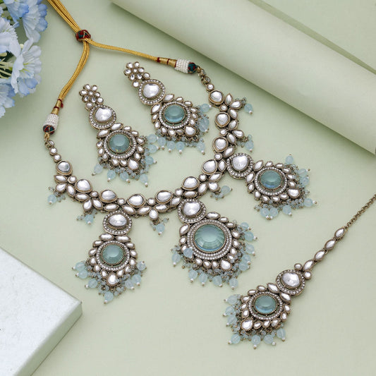 Sky Blue Color Kundan Necklace Set Crafted For Soft Festive Elegance