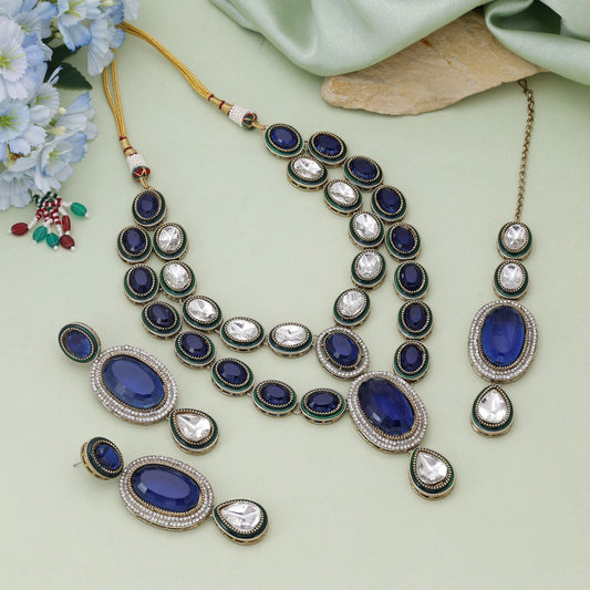 Blue Color Kundan Necklace Set With Elegant Festive Traditional Appeal
