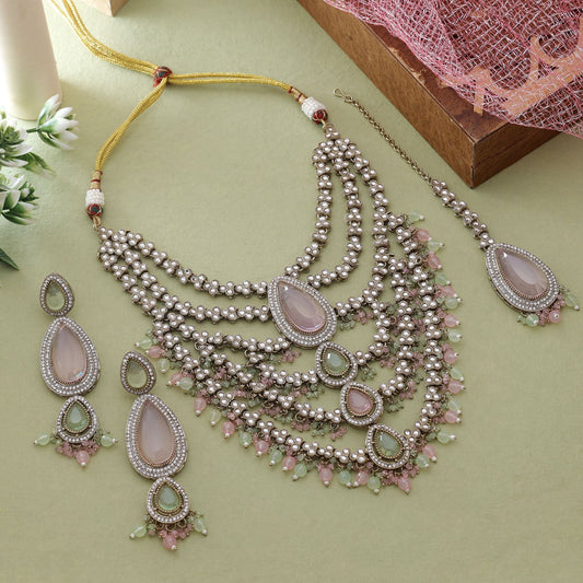 Pink & Pista Green Color Kundan Necklace Set With Dual Tone Elegance