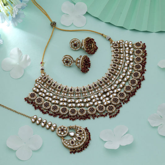Maroon Color Kundan Necklace Set With Royal Ethnic Bridal Style Stone Work Design