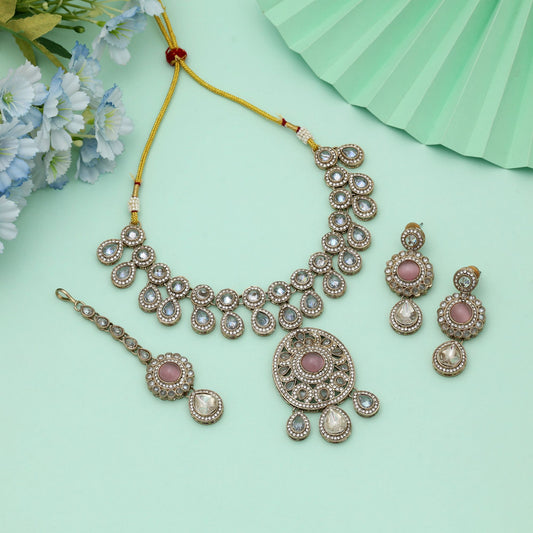 Pink Color Kundan Necklace Set Charming Feminine Ethnic Wedding Jewelry Design Style