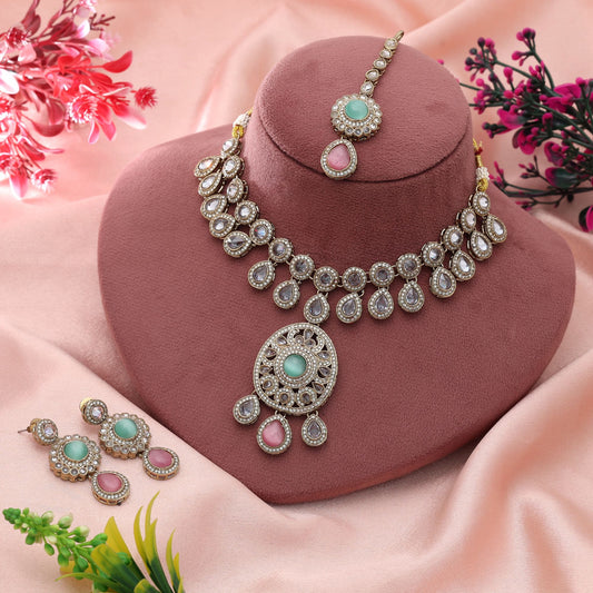 Pink & Pista Green Color Kundan Necklace Set Dual Tone Festive Traditional Jewelry