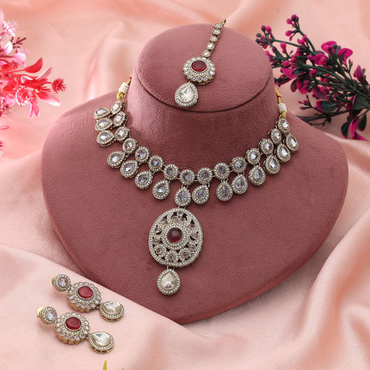 Magenta-farbenes Kundan-Halsketten-Set, kühner, traditioneller Hochzeitsschmuck mit eleganter Ausführung