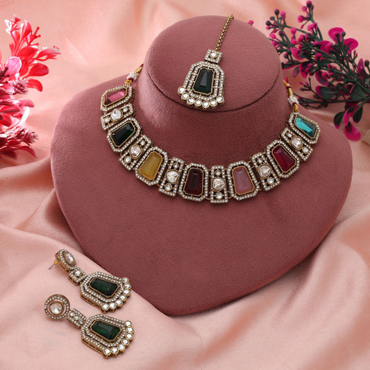 Multi Color Kundan Necklace Set Designer Festive Jewelry With Vibrant Ethnic Look
