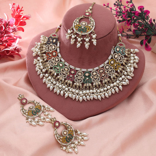 Multi Color Pakistani Kundan Necklace Set Traditional Designer Jewelry With Rich Detailing