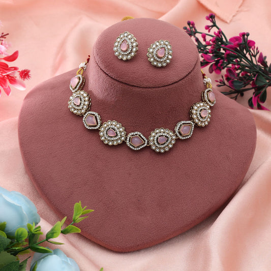 Pink Color Kundan Necklace Set Elegant Party Wear Jewelry With Feminine Appeal