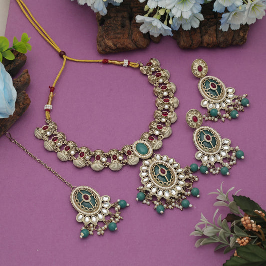 Premium Rani Green Color Kundan Necklace Set Elegant Heritage Collection