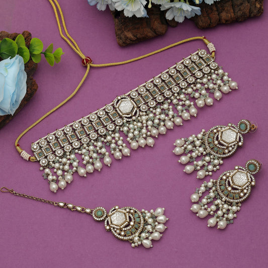 Premium Pista Grün Weiß Halsband Kundan Halskettenset Kollektion