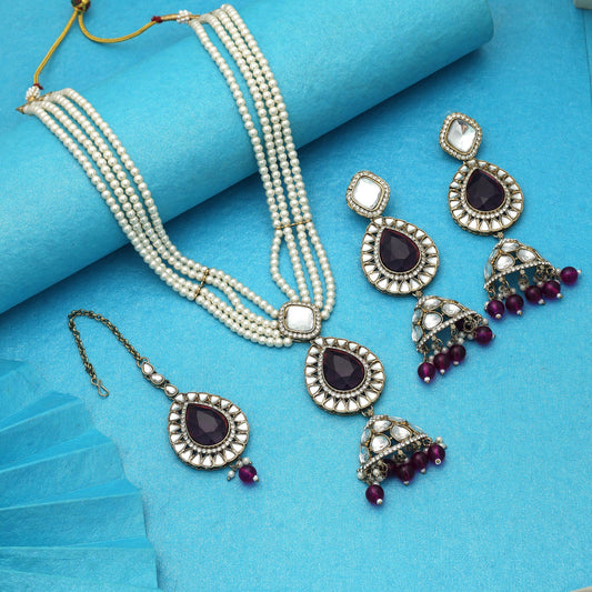 Luxuriöses Weinfarbenes Kundan-Halsketten-Set Hochzeits-Glamour-Kollektion