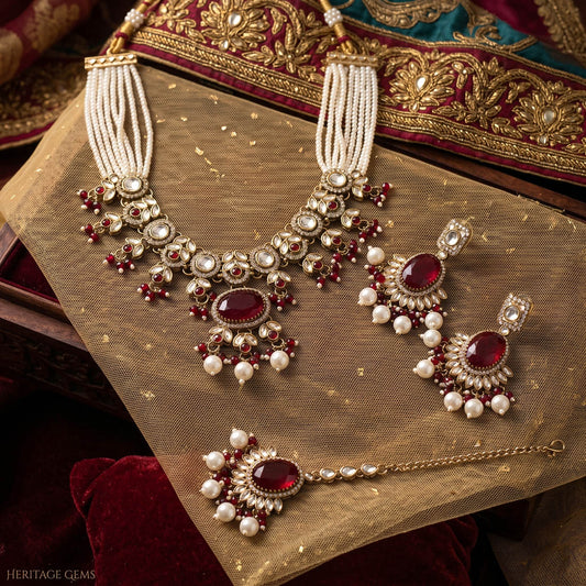 Traditional Maroon Color Choker Kundan Necklace Set With Regal Stone Embellishments