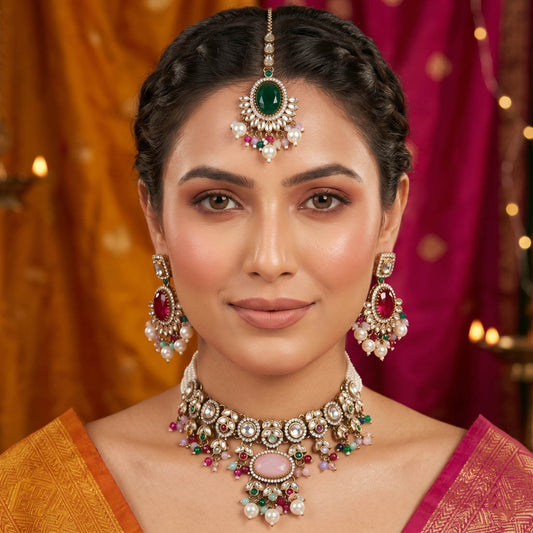 Artistic Multi Color Choker Kundan Necklace Set With Premium Festive Ethnic Design
