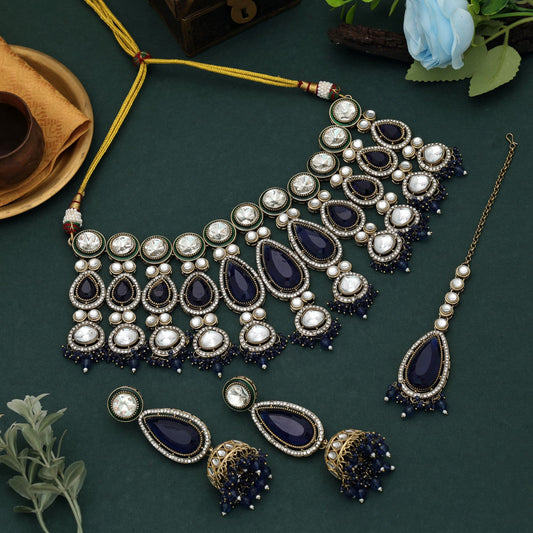 Stylish Blue Color Kundan Necklace Set With Royal Ethnic Traditional Craftsmanship Design