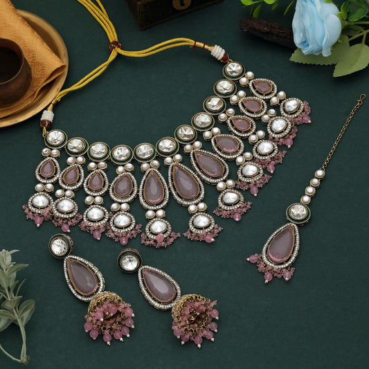 Wunderschönes hellrosa Kundan-Halsketten-Set mit edlem, festlichem Braut-Flair