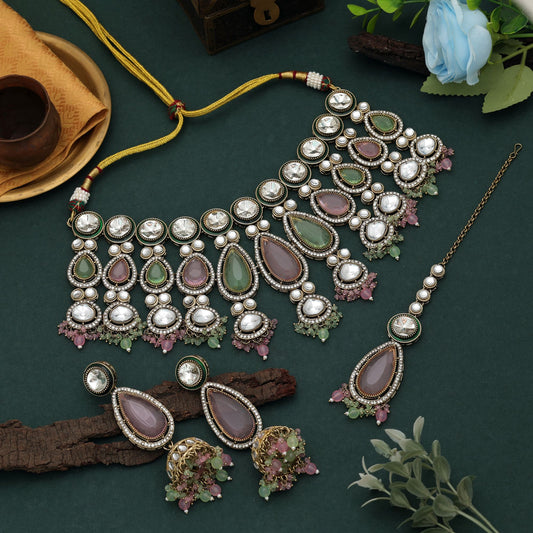 Beautiful Pink & Pista Green Color Kundan Necklace Set For Festive Occasions