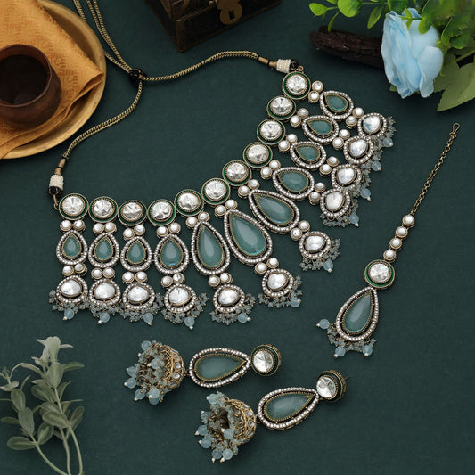 Exclusive Sky Blue Color Kundan Necklace Set With Traditional Festive Royal Design