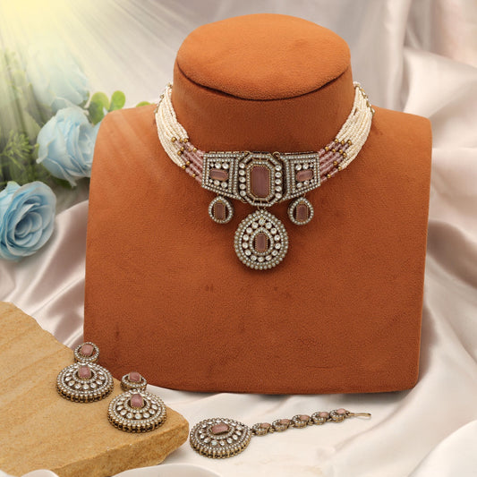 Elegant Light Pink Color Kundan Necklace Set With Traditional Party Wear Design