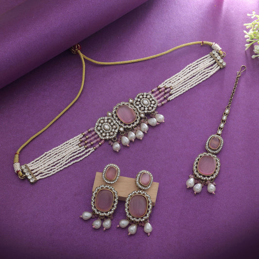 Elegant Light Pink Color Choker Kundan Necklace Set For Ethnic Collection